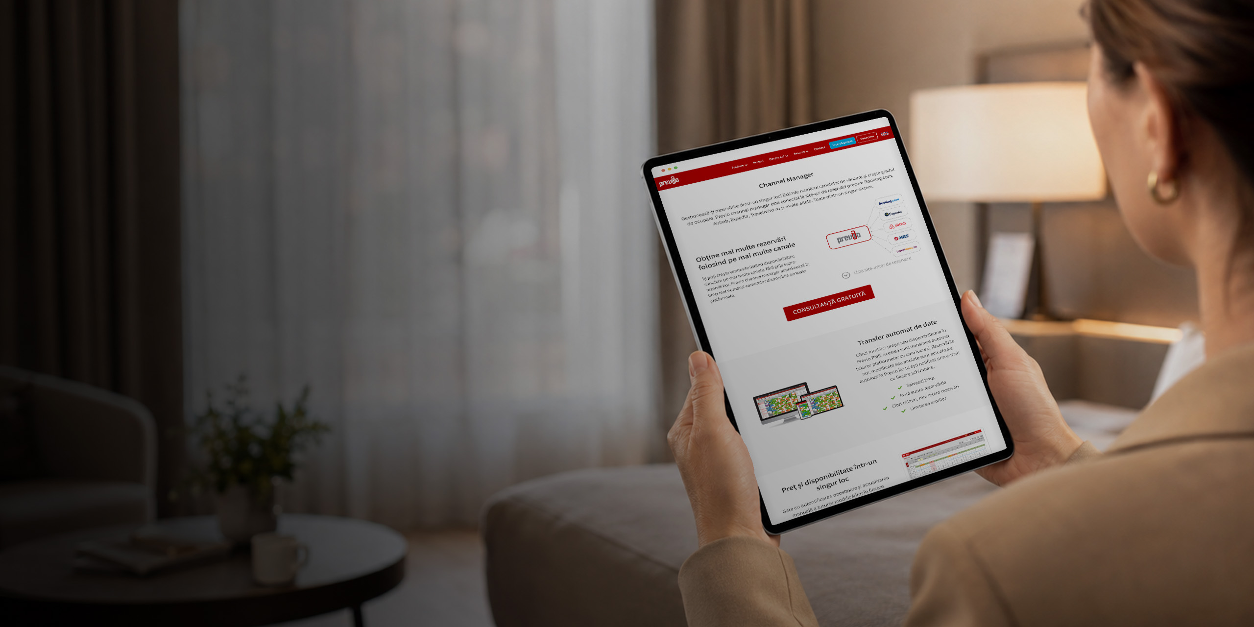 Channel Manager Previo conectat la Booking.com, Expedia și Airbnb, deschis pe tabletă