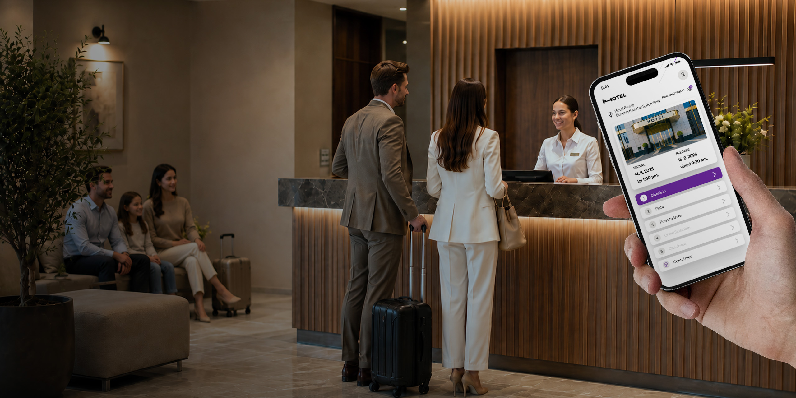 Oaspeți la check-in în hotel folosind Alfred, recepționerul virtual Previo, de pe telefon