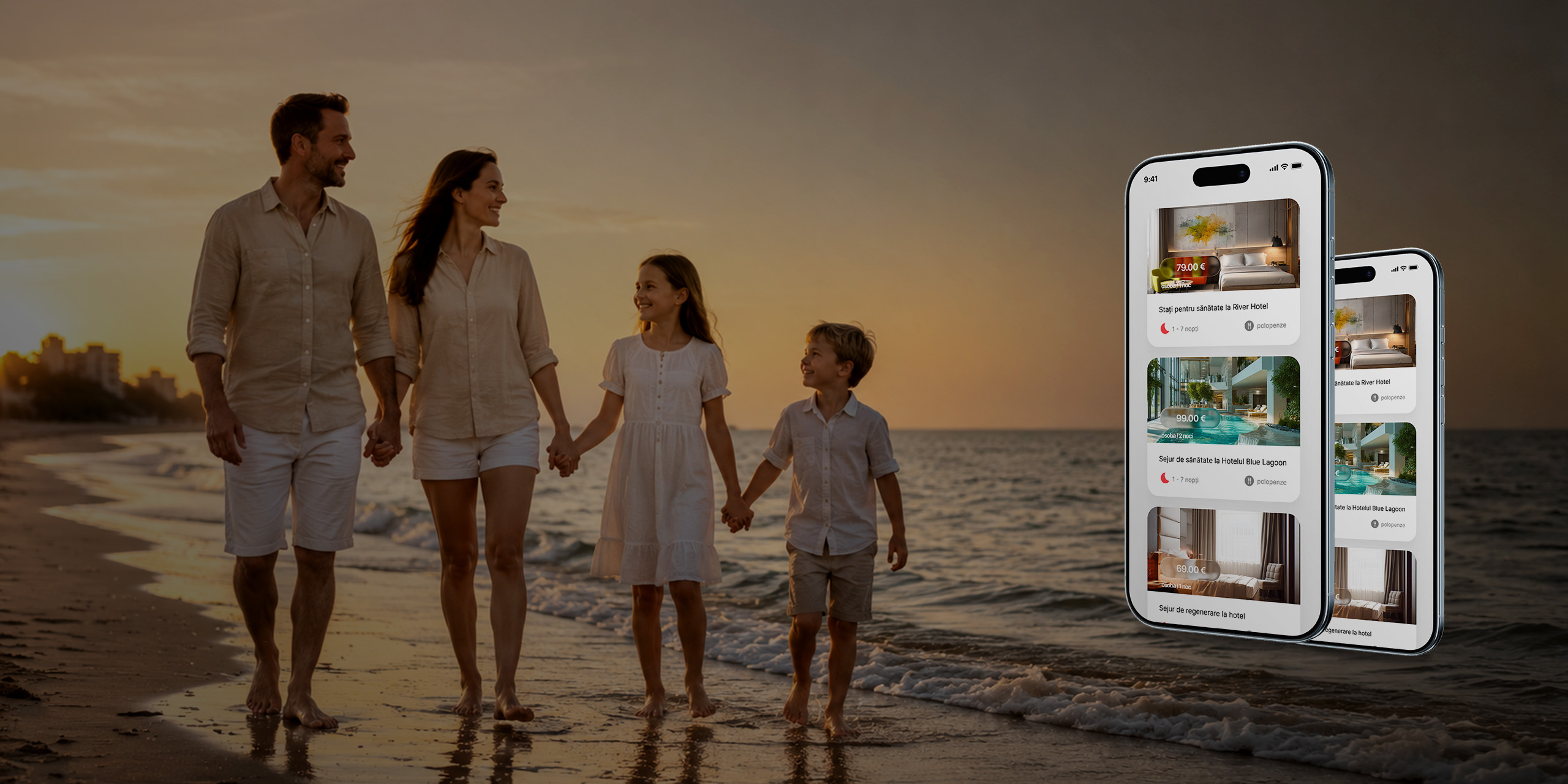 Familie în vacanță care rezervă direct pe site-ul unui hotel realizat cu Previo